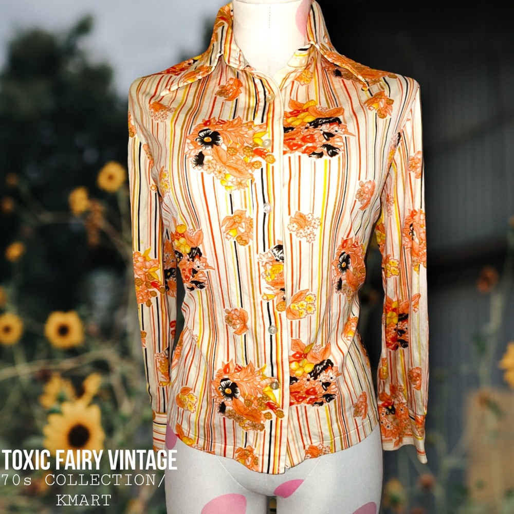 Kmart Vintage 1970s Yellow/orange striped floral dagger collared button down
